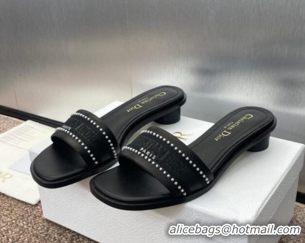 Perfect Dior Dway Heeled Slides Sandal 3cm in Calfskin and Embroidered Cotton with Pearls Black 0220072