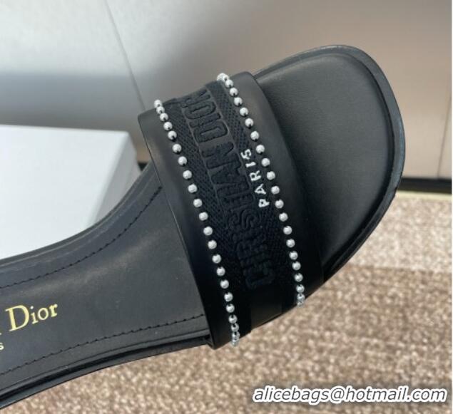 Perfect Dior Dway Heeled Slides Sandal 3cm in Calfskin and Embroidered Cotton with Pearls Black 0220072