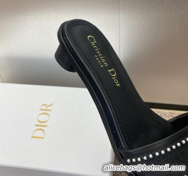 Perfect Dior Dway Heeled Slides Sandal 3cm in Calfskin and Embroidered Cotton with Pearls Black 0220072