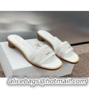 Buy Luxury Dior Dway Heeled Slides Sandal 3cm in Calfskin and Embroidered Cotton with Pearls White 0220073