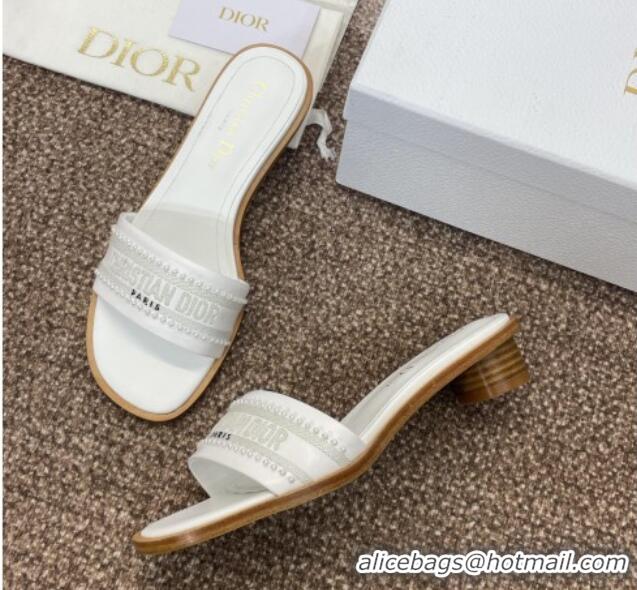 Buy Luxury Dior Dway Heeled Slides Sandal 3cm in Calfskin and Embroidered Cotton with Pearls White 0220073