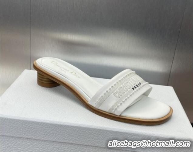 Buy Luxury Dior Dway Heeled Slides Sandal 3cm in Calfskin and Embroidered Cotton with Pearls White 0220073