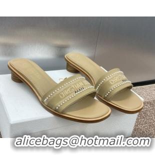 Classic Hot Dior Dway Heeled Slides Sandal 3cm in Calfskin and Embroidered Cotton with Pearls Beige 0220074