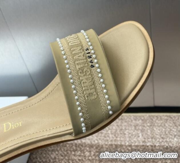 Classic Hot Dior Dway Heeled Slides Sandal 3cm in Calfskin and Embroidered Cotton with Pearls Beige 0220074