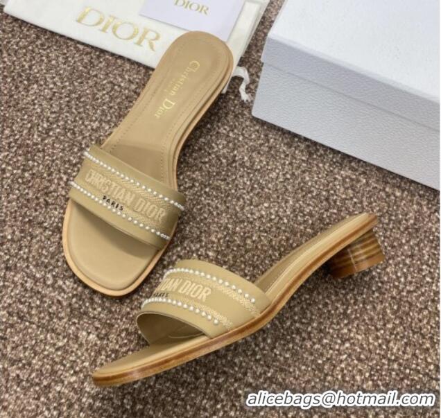 Classic Hot Dior Dway Heeled Slides Sandal 3cm in Calfskin and Embroidered Cotton with Pearls Beige 0220074