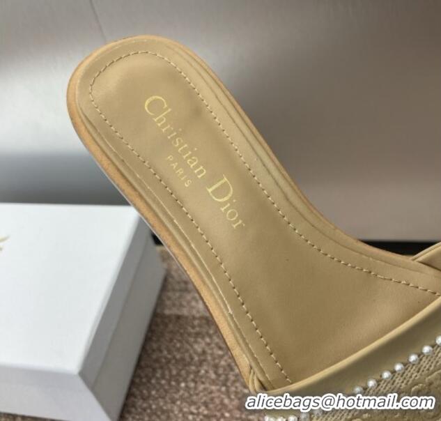 Classic Hot Dior Dway Heeled Slides Sandal 3cm in Calfskin and Embroidered Cotton with Pearls Beige 0220074