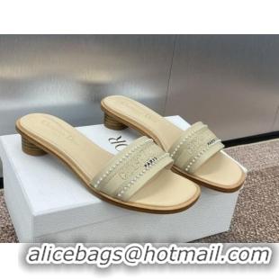 Pretty Style Dior Dway Heeled Slides Sandal 3cm in Calfskin and Embroidered Cotton with Pearls Grey 0220075