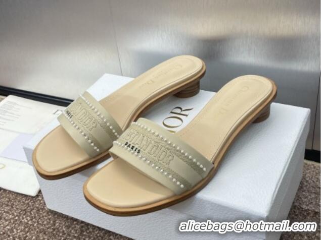 Pretty Style Dior Dway Heeled Slides Sandal 3cm in Calfskin and Embroidered Cotton with Pearls Grey 0220075