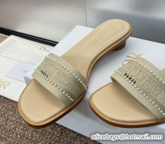 Pretty Style Dior Dway Heeled Slides Sandal 3cm in Calfskin and Embroidered Cotton with Pearls Grey 0220075