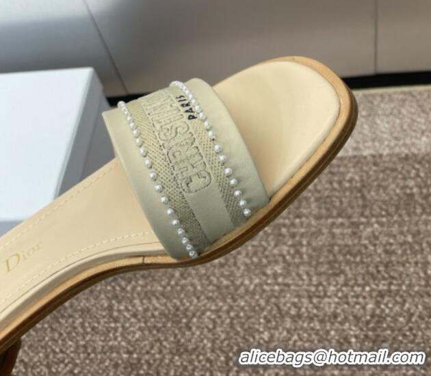 Pretty Style Dior Dway Heeled Slides Sandal 3cm in Calfskin and Embroidered Cotton with Pearls Grey 0220075