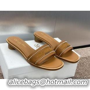 Best Product Dior Dway Heeled Slides Sandal 3cm in Calfskin and Embroidered Cotton with Pearls Brown 0220076