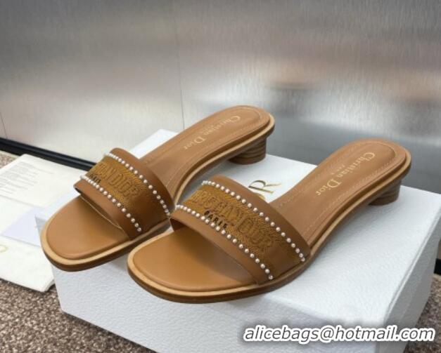 Best Product Dior Dway Heeled Slides Sandal 3cm in Calfskin and Embroidered Cotton with Pearls Brown 0220076