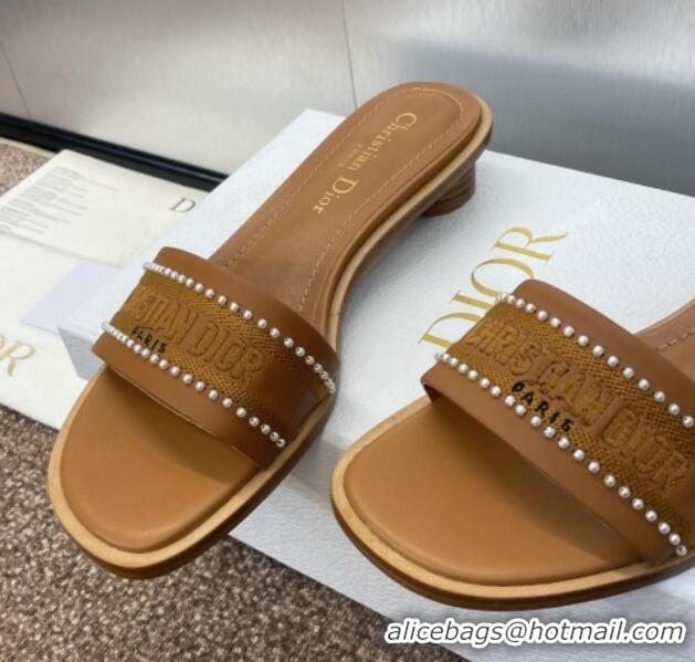 Best Product Dior Dway Heeled Slides Sandal 3cm in Calfskin and Embroidered Cotton with Pearls Brown 0220076