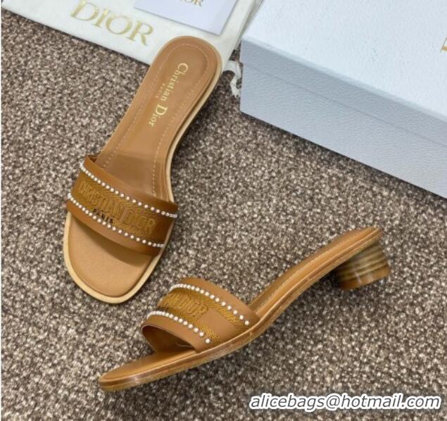 Best Product Dior Dway Heeled Slides Sandal 3cm in Calfskin and Embroidered Cotton with Pearls Brown 0220076