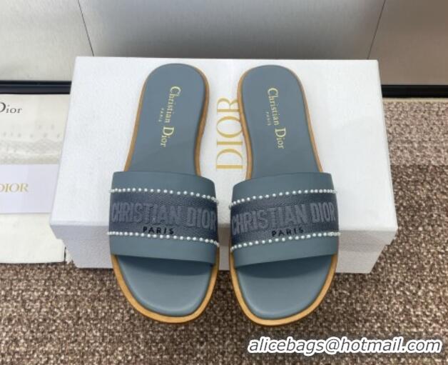 Shop Cheap Dior Dway Flat Slides Sandal in Calfskin and Embroidered Cotton with Pearls Blue 0220078