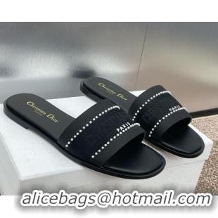 Unique Style Dior Dway Flat Slides Sandal in Calfskin and Embroidered Cotton with Pearls Black 0220077