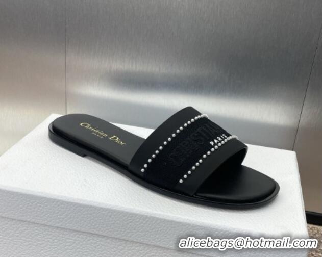 Unique Style Dior Dway Flat Slides Sandal in Calfskin and Embroidered Cotton with Pearls Black 0220077