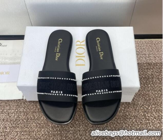 Unique Style Dior Dway Flat Slides Sandal in Calfskin and Embroidered Cotton with Pearls Black 0220077