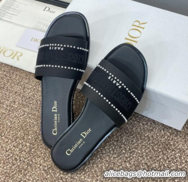 Unique Style Dior Dway Flat Slides Sandal in Calfskin and Embroidered Cotton with Pearls Black 0220077