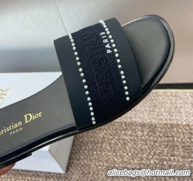 Unique Style Dior Dway Flat Slides Sandal in Calfskin and Embroidered Cotton with Pearls Black 0220077