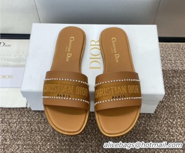 Good Looking Dior Dway Flat Slides Sandal in Calfskin and Embroidered Cotton with Pearls Brown 0220079