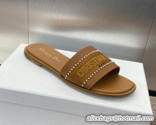 Good Looking Dior Dway Flat Slides Sandal in Calfskin and Embroidered Cotton with Pearls Brown 0220079