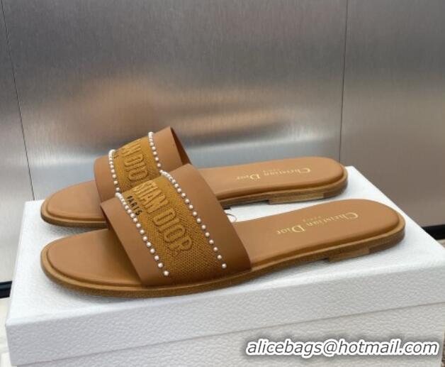 Good Looking Dior Dway Flat Slides Sandal in Calfskin and Embroidered Cotton with Pearls Brown 0220079