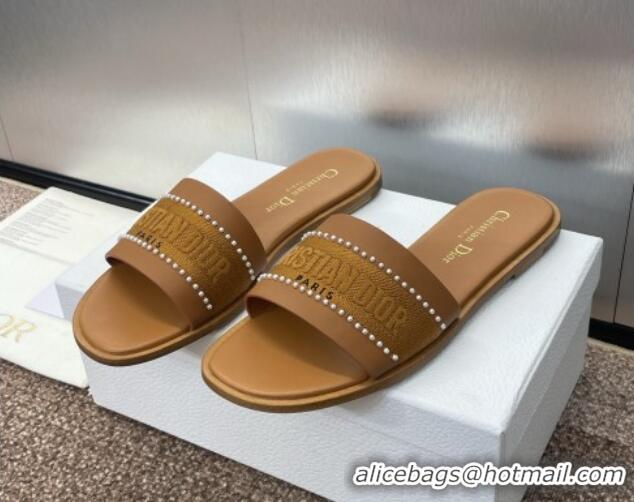 Good Looking Dior Dway Flat Slides Sandal in Calfskin and Embroidered Cotton with Pearls Brown 0220079