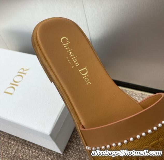 Good Looking Dior Dway Flat Slides Sandal in Calfskin and Embroidered Cotton with Pearls Brown 0220079