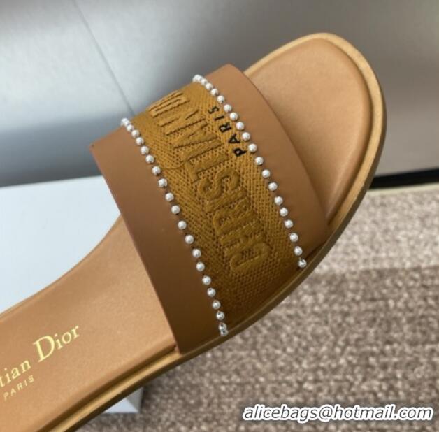 Good Looking Dior Dway Flat Slides Sandal in Calfskin and Embroidered Cotton with Pearls Brown 0220079