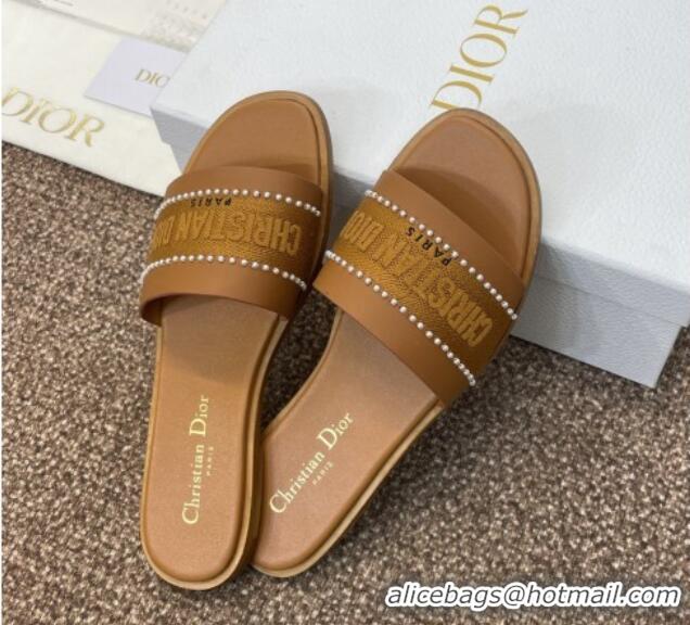 Good Looking Dior Dway Flat Slides Sandal in Calfskin and Embroidered Cotton with Pearls Brown 0220079