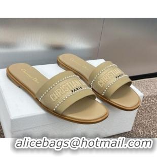 Best Price Dior Dway Flat Slides Sandal in Calfskin and Embroidered Cotton with Pearls Beige 0220081