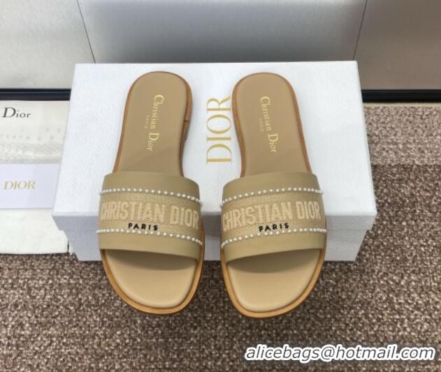 Best Price Dior Dway Flat Slides Sandal in Calfskin and Embroidered Cotton with Pearls Beige 0220081