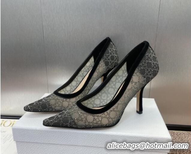 Cheap Price Dior Capture Pumps 9.5cm in Transparent Mesh with Strass Cannage Motif and Black Suede 0220091