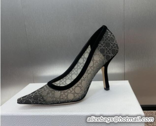 Cheap Price Dior Capture Pumps 9.5cm in Transparent Mesh with Strass Cannage Motif and Black Suede 0220091