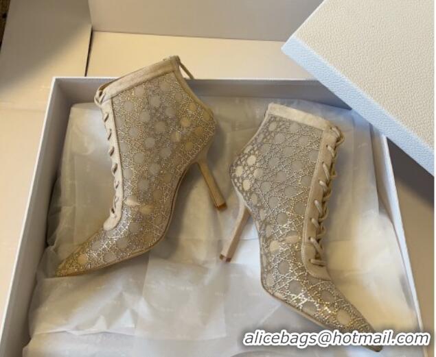 1:1 aaaaa Dior Capture Heeled Ankle Boots 9.5cm in Transparent Mesh with Strass Cannage Motif and Nude Suede 0220094