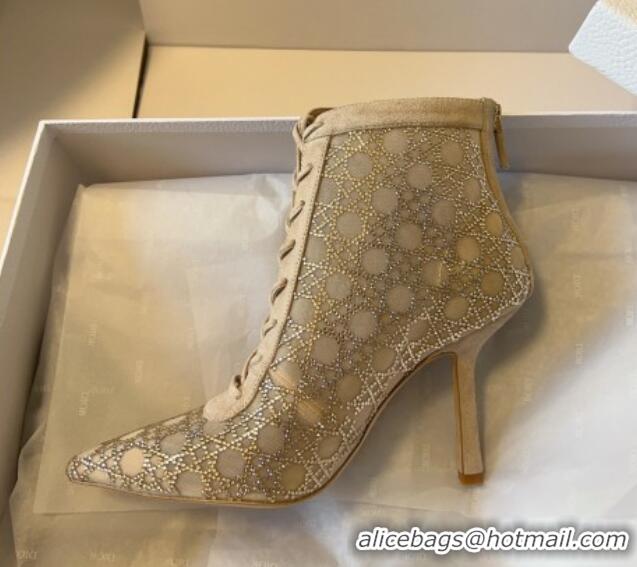 1:1 aaaaa Dior Capture Heeled Ankle Boots 9.5cm in Transparent Mesh with Strass Cannage Motif and Nude Suede 0220094