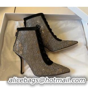 1:1 Dior Capture Heeled Ankle Boots 9.5cm in Transparent Mesh with Strass Cannage Motif and Black Suede 0220095