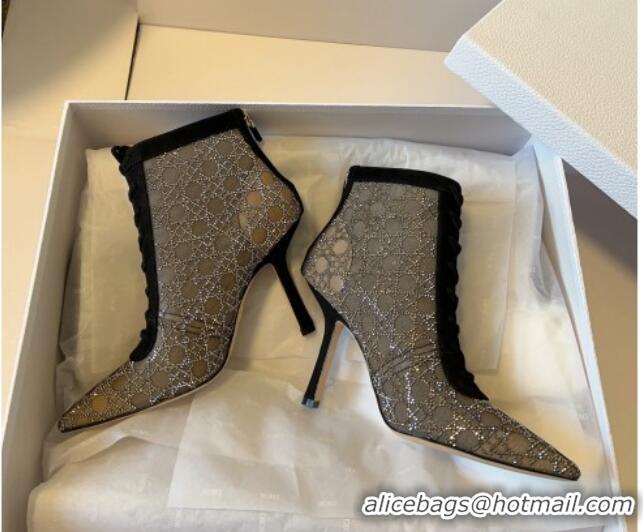 1:1 Dior Capture Heeled Ankle Boots 9.5cm in Transparent Mesh with Strass Cannage Motif and Black Suede 0220095