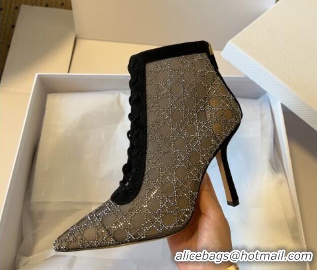 1:1 Dior Capture Heeled Ankle Boots 9.5cm in Transparent Mesh with Strass Cannage Motif and Black Suede 0220095