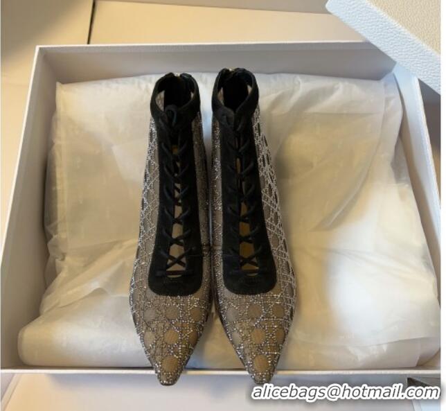 1:1 Dior Capture Heeled Ankle Boots 9.5cm in Transparent Mesh with Strass Cannage Motif and Black Suede 0220095