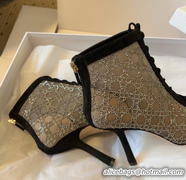 1:1 Dior Capture Heeled Ankle Boots 9.5cm in Transparent Mesh with Strass Cannage Motif and Black Suede 0220095