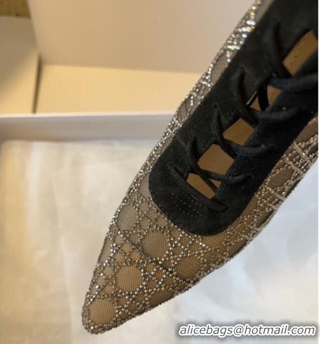 1:1 Dior Capture Heeled Ankle Boots 9.5cm in Transparent Mesh with Strass Cannage Motif and Black Suede 0220095