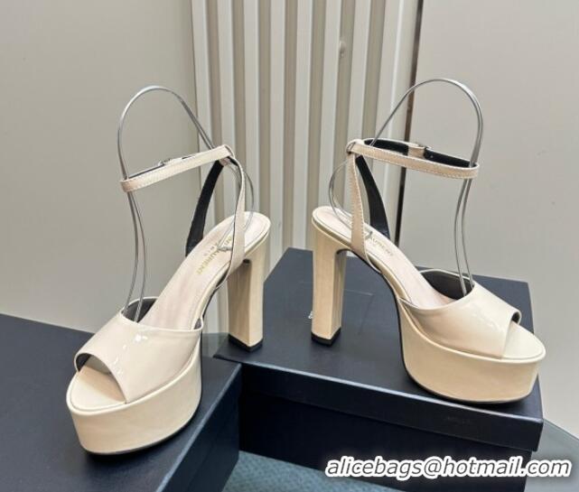 Good Quality Saint Laurent Jodie Platform Sandals 13.5cm in Patent Leather Light Beige 1226058