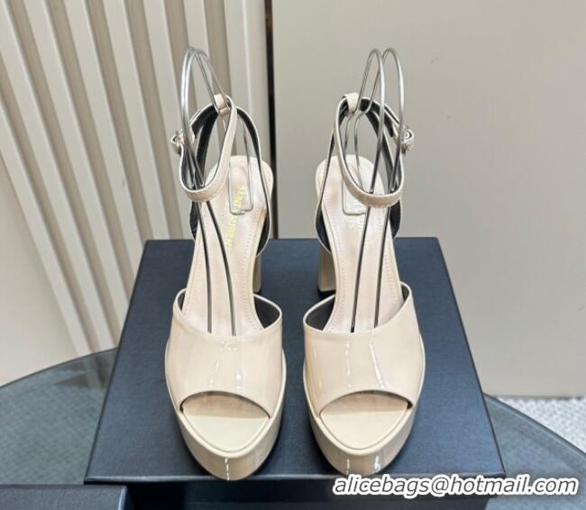 Good Quality Saint Laurent Jodie Platform Sandals 13.5cm in Patent Leather Light Beige 1226058