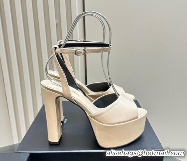 Good Quality Saint Laurent Jodie Platform Sandals 13.5cm in Patent Leather Light Beige 1226058