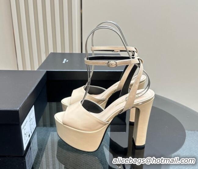 Good Quality Saint Laurent Jodie Platform Sandals 13.5cm in Patent Leather Light Beige 1226058