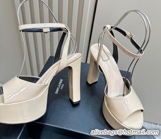 Good Quality Saint Laurent Jodie Platform Sandals 13.5cm in Patent Leather Light Beige 1226058