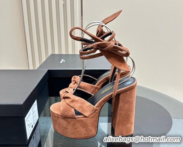 Luxury Cheap Saint Laurent Laced-up Platform Sandals 14cm in Suede Brown 1226062