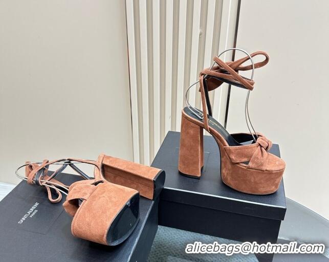 Luxury Cheap Saint Laurent Laced-up Platform Sandals 14cm in Suede Brown 1226062